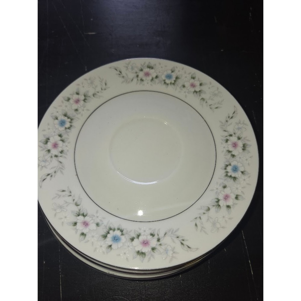 SANGO Garden Flower 8112 China Saucer Plates Set of 4 Floral Silver Trim 6 Inch